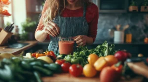 Kobieta na diecie wegetariańskiej przygotowuje w kuchni smoothie. Wokół niej na blacie leżą kolorowe owoce i warzywa.